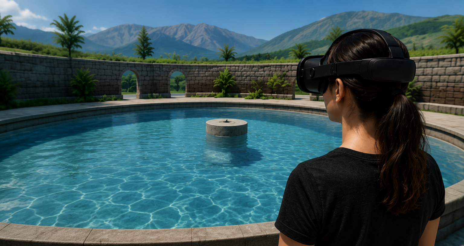 Participant using a virtual reality headset in a virtual navigation environment